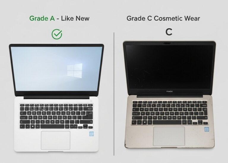 A side-by-side visual comparison of two portable computers, answering what is a refurbished laptop? by highlighting the aesthetic differences between a Grade A "Like New" device and a Grade C "Cosmetic Wear" unit.