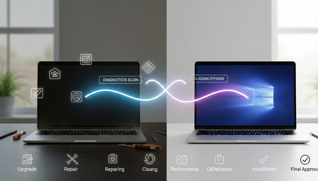 A split-screen infographic detailing the professional restoration process of a portable computer, answering what is a refurbished laptop? by showcasing steps from diagnostic scans to final performance approval.