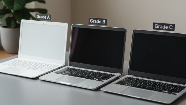 A modern infographic featuring glassmorphism icons that detail the six critical stages of restoration—Diagnostics, Testing, Component Repair, Quality Assurance, Data Wipe, and Deep Cleaning—answering the question: are refurbished laptops good?