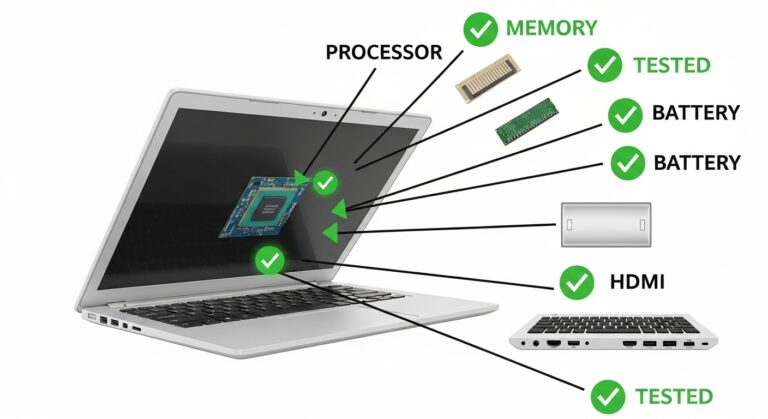 If you are wondering, "Should I Buy Refurbished Laptop?" this diagram shows the rigorous testing process quality units undergo. See how processors, memory, batteries, and ports are all verified to ensure you receive a high-performance, dependable device.