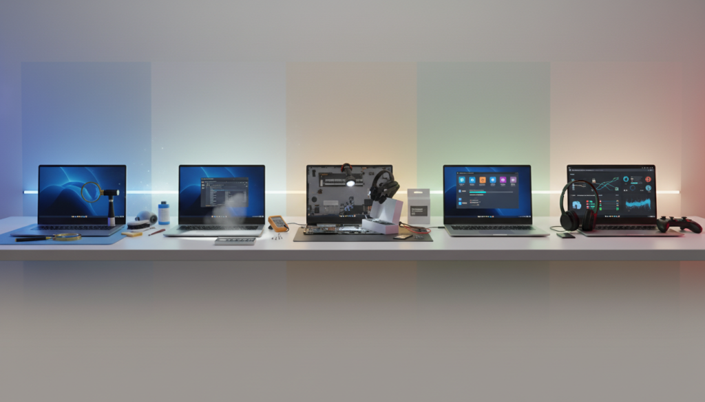 A comprehensive visual guide showcasing five distinct stages of computer restoration, from initial inspection to final quality assurance, answering the central question: how do you refurbish a laptop?