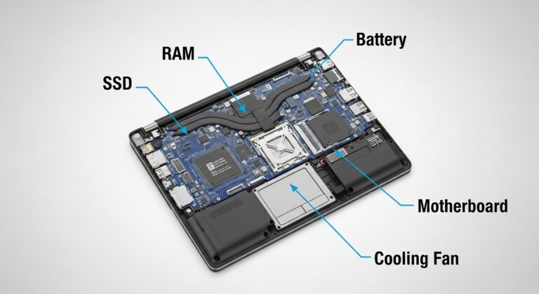 An internal view of an opened laptop during the refurbishment process, featuring clear labels for the RAM, SSD, Battery, Cooling Fan, and Motherboard to illustrate the hardware inspection and upgrade phase.
