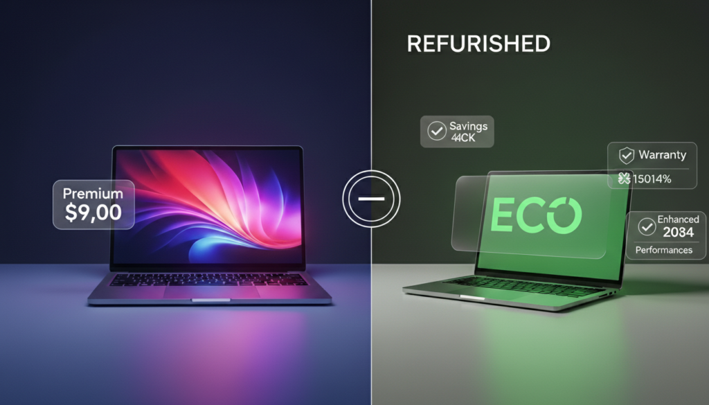 A side-by-side comparison chart answering "Should I Buy Refurbished Laptop?" showing a premium new laptop versus a refurbished "ECO" model highlighting savings, warranty, and enhanced performance features for 2026 buyers.