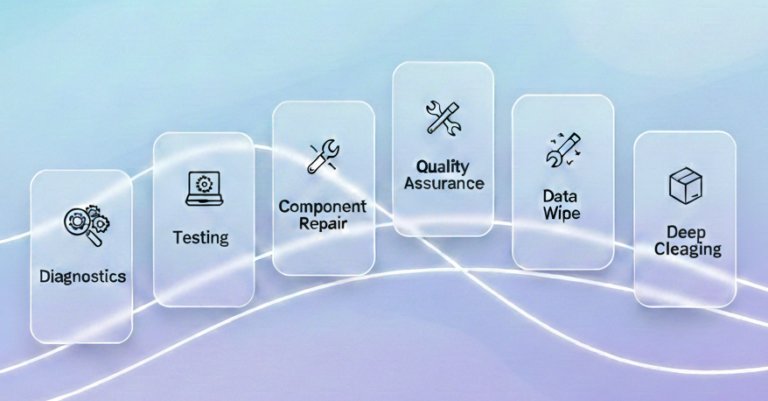 A modern infographic featuring glassmorphism icons that detail the six critical stages of restoration—Diagnostics, Testing, Component Repair, Quality Assurance, Data Wipe, and Deep Cleaning—answering the question: are refurbished laptops good?