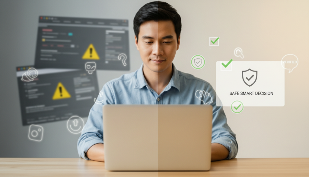 A guide showing where to buy refurbished laptop models from trusted sources like Apple Certified Refurbished, Amazon Renewed, and Dell Refurbished, highlighting secure payment methods and professional certification labels.