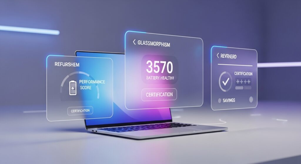 A modern laptop display featuring holographic glassmorphism overlays showing a high performance score, battery health data, and official certification seals, answering the question: are refurbished laptops good?