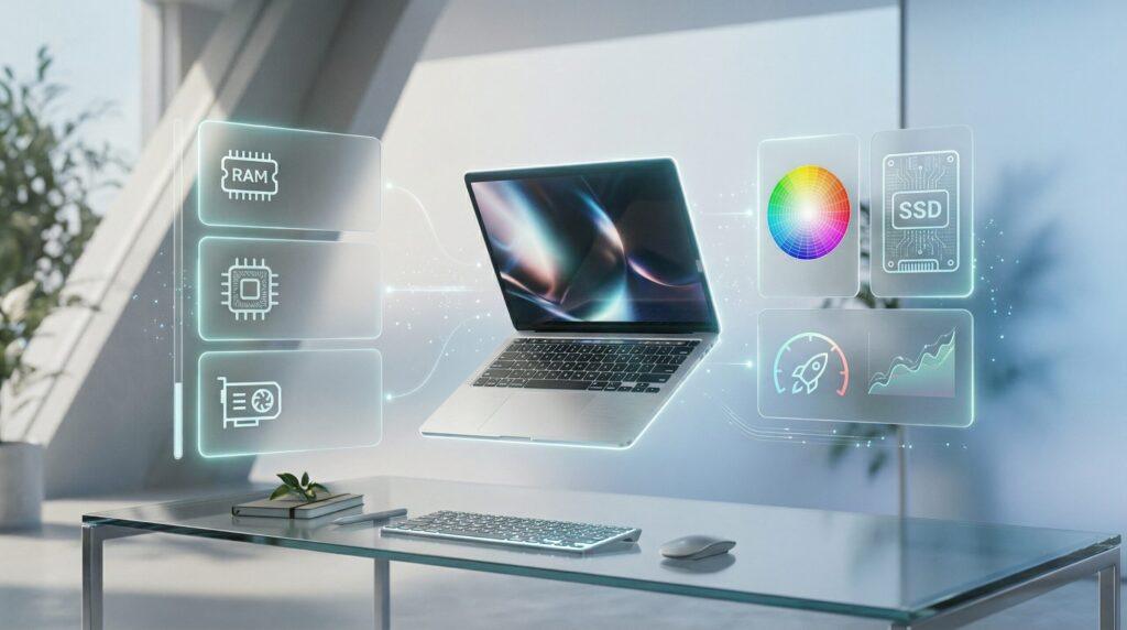A futuristic editorial-style workspace featuring a high-end laptop with floating digital icons for RAM, SSD, GPU, and color accuracy, illustrating what to look for in a laptop for photo editing.