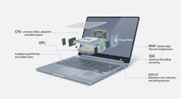 An organized desk featuring a digital timer, a reusable water bottle, healthy fruit snacks, and colorful handwritten notes, used as a dedicated research station to evaluate if are gaming laptops good for photo editing.