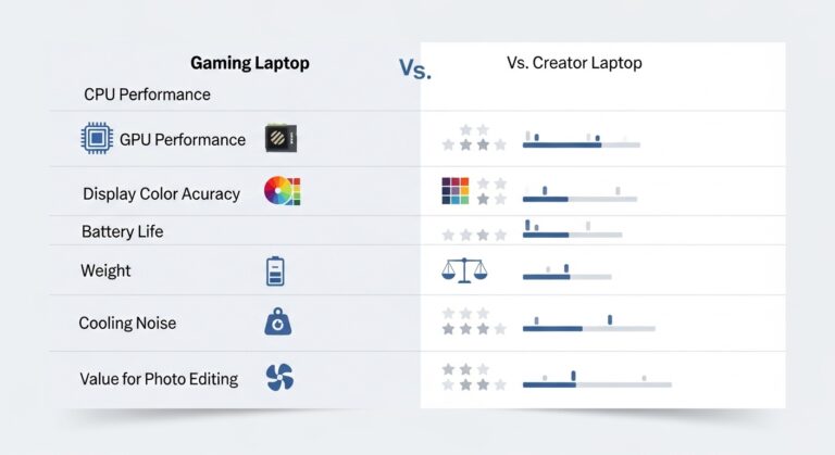 An organized desk featuring a digital timer, a reusable water bottle, healthy fruit snacks, and colorful handwritten notes, used as a dedicated research station to evaluate if are gaming laptops good for photo editing.