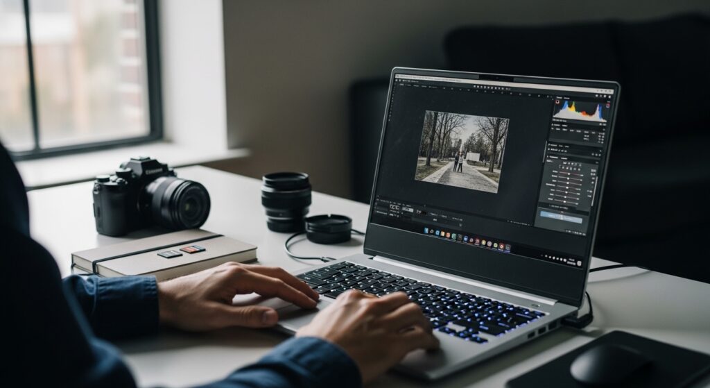 A levitating high-end laptop surrounded by holographic icons for RAM, SSD, and color accuracy, demonstrating why many ask are gaming laptops good for photo editing.